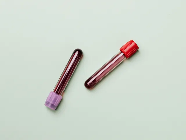 Blood tests and scans for menopause care Blood collection tubes on a pale green surface